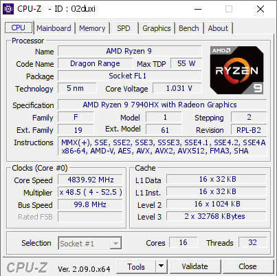 screenshot of CPU-Z validation for Dump [02duxi] - Submitted by  HSTX5PRO  - 2024-05-19 10:46:10