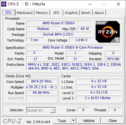 AMD Ryzen 5 3500X 3974.07 MHz CPU Z VALIDATOR