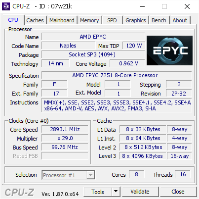screenshot of CPU-Z validation for Dump [07w21k] - Submitted by  Anonymous  - 2019-02-26 16:52:36