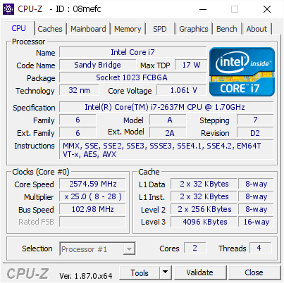 Intel Core i7 @ 2574.59 MHz - CPU-Z VALIDATOR