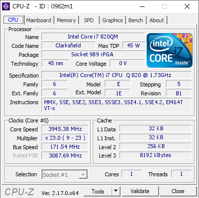 screenshot of CPU-Z validation for Dump [0962m1] - Submitted by  Dry_Ice777  - 2026-10-02 19:16:21