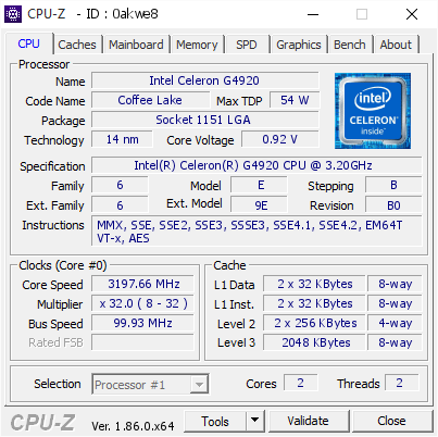 Intel Celeron G4920 3197 66 Mhz Cpu Z Validator