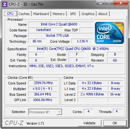 screenshot of CPU-Z validation for Dump [0av79x] - Submitted by  Q6600+560GTX  - 2014-10-25 14:10:19