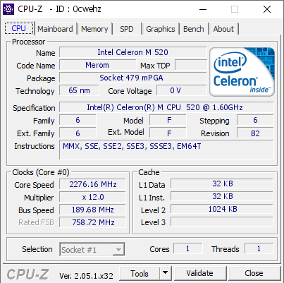 screenshot of CPU-Z validation for Dump [0cwehz] - Submitted by  GATEWAY-PC LF5  - 2023-05-23 04:13:20