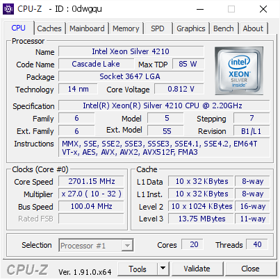 screenshot of CPU-Z validation for Dump [0dwgqu] - Submitted by  Anonymous  - 2020-04-20 15:11:49