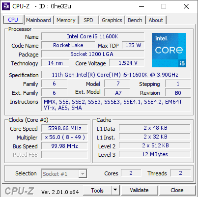 screenshot of CPU-Z validation for Dump [0he32u] - Submitted by  11600K-ggood003  - 2022-06-26 19:17:01