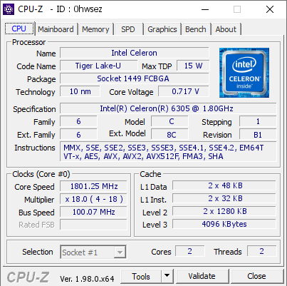 screenshot of CPU-Z validation for Dump [0hwsez] - Submitted by  LAPTOP-RI78U9QV  - 2021-11-28 23:56:02