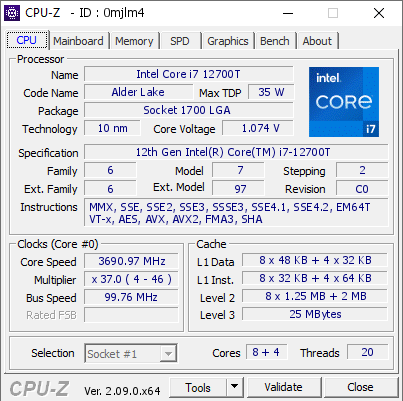 Intel Core i7 12700T @ 3690.97 MHz - CPU-Z VALIDATOR