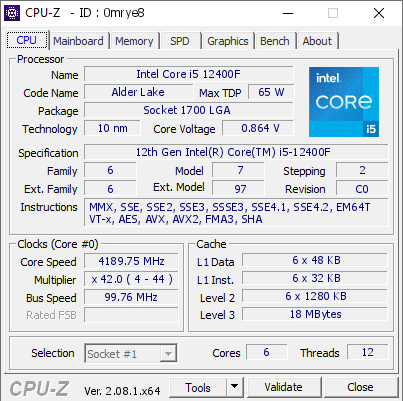 screenshot of CPU-Z validation for Dump [0mrye8] - Submitted by  DESKTOP-M9RLL18  - 2024-05-06 22:07:50