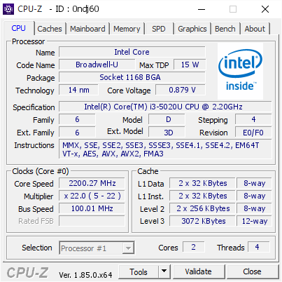 screenshot of CPU-Z validation for Dump [0ndj60] - Submitted by  LAPTOP-ALA4R82U  - 2018-07-29 19:24:30