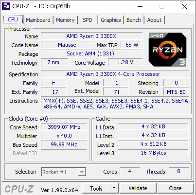 AMD Ryzen 3 3300X 3999.07 MHz CPU Z VALIDATOR