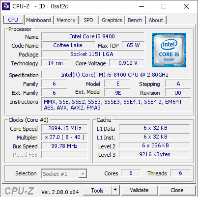 Intel Core i5 8400 @ 2694.15 MHz - CPU-Z VALIDATOR