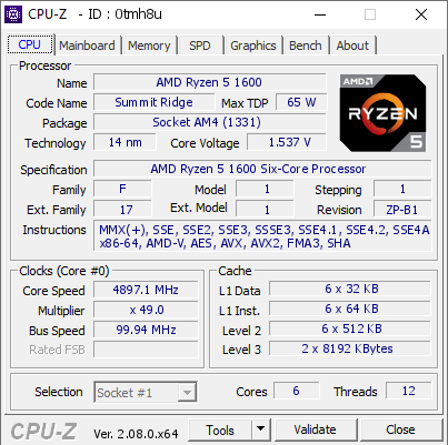 screenshot of CPU-Z validation for Dump [0tmh8u] - Submitted by  OneWolf  - 2023-10-30 04:02:04