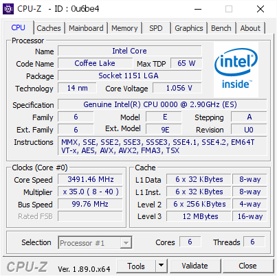 screenshot of CPU-Z validation for Dump [0u6be4] - Submitted by  Anonymous  - 2019-08-01 17:09:16