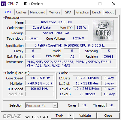 Intel Core i9 10850K @ 4801.15 MHz - CPU-Z VALIDATOR