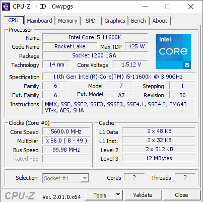screenshot of CPU-Z validation for Dump [0wypgs] - Submitted by  11600K-ggood003  - 2022-06-26 19:17:40
