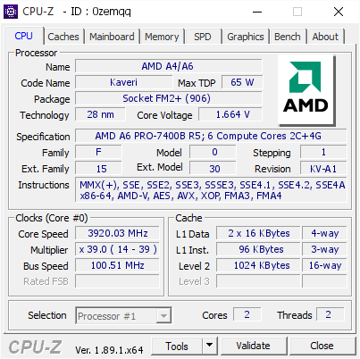 screenshot of CPU-Z validation for Dump [0zemqq] - Submitted by  A78F2P-M2  - 2019-07-10 08:38:19