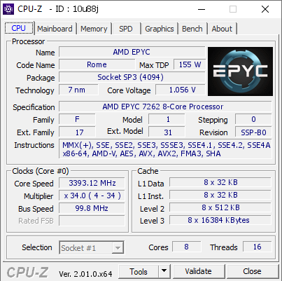 screenshot of CPU-Z validation for Dump [10u88j] - Submitted by  Anonymous  - 2022-08-19 20:20:50