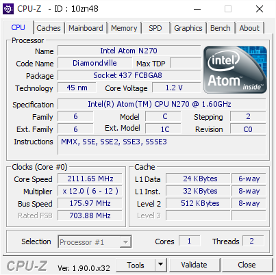 screenshot of CPU-Z validation for Dump [10zn48] - Submitted by  N270_X86  - 2019-10-31 18:44:45
