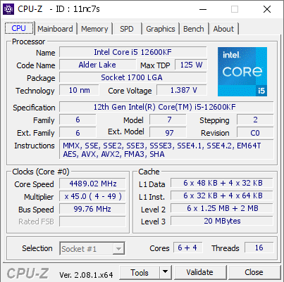 screenshot of CPU-Z validation for Dump [11nc7s] - Submitted by  FRAIZOU-PC  - 2024-05-06 00:07:35