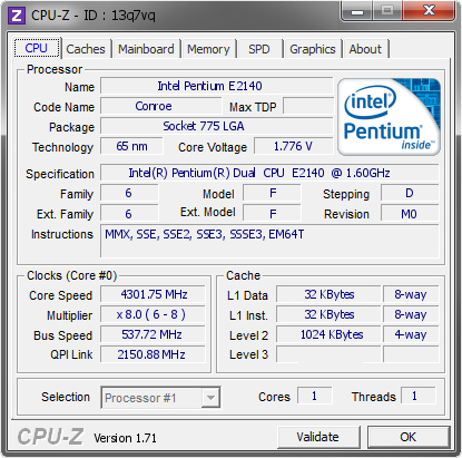screenshot of CPU-Z validation for Dump [13q7vq] - Submitted by  Boblemagnifique E2140 Caskade  - 2015-01-25 18:01:46
