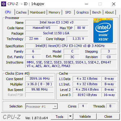 Roeispaan Parameters Goed Intel Xeon E3 1240 v3 @ 3599.16 MHz - CPU-Z VALIDATOR