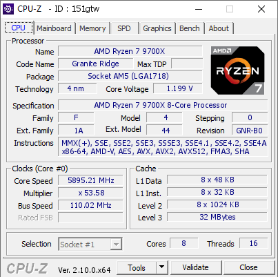 screenshot of CPU-Z validation for Dump [151gtw] - Submitted by  SkatterBencher  - 2024-08-16 11:20:53