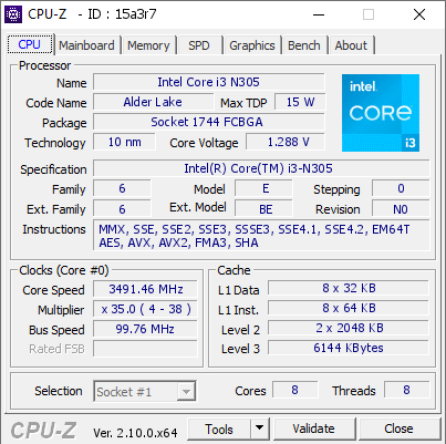 screenshot of CPU-Z validation for Dump [15a3r7] - Submitted by  JADE  - 2024-07-30 07:42:05