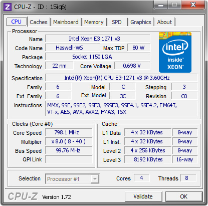 Intel Xeon E3 1271 v3 @ 798.1 MHz - CPU-Z VALIDATOR