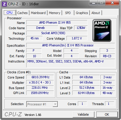 screenshot of CPU-Z validation for Dump [16dier] - Submitted by  benyps  - 2013-09-13 16:09:10