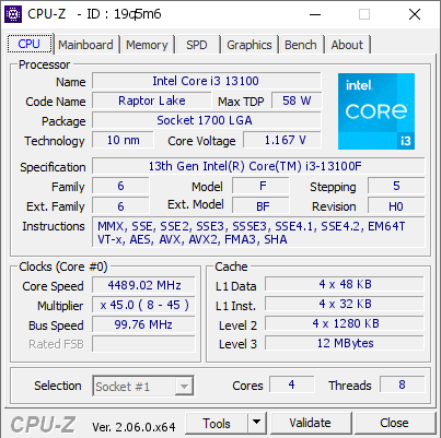 screenshot of CPU-Z validation for Dump [19q5m6] - Submitted by  HOME-PC  - 2023-07-24 20:41:59
