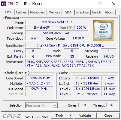 Intel Xeon Gold 6154 @ 3690.35 MHz - CPU-Z VALIDATOR