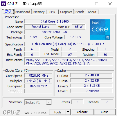 screenshot of CPU-Z validation for Dump [1aqa85] - Submitted by  Dreadzone  - 2023-12-22 10:55:39