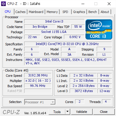 Intel Core i3 @ 3192.38 MHz - CPU-Z VALIDATOR