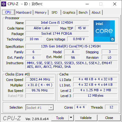 screenshot of CPU-Z validation for Dump [1b5vrc] - Submitted by  LAPTOP-V0I8LOBR  - 2024-04-27 05:13:46
