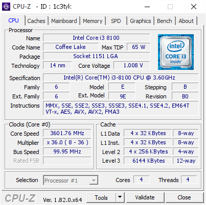 Intel Core i3 8100 @ 3601.76 MHz - CPU-Z VALIDATOR