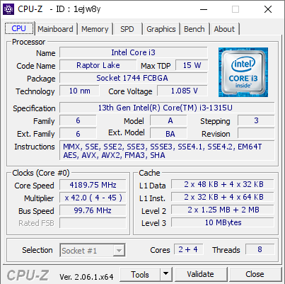 screenshot of CPU-Z validation for Dump [1ejw8y] - Submitted by  Phlox  - 2023-07-14 02:37:56