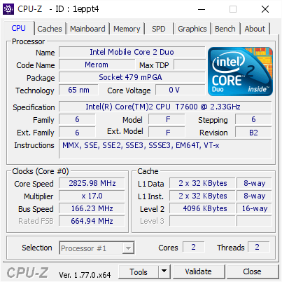 screenshot of CPU-Z validation for Dump [1eppt4] - Submitted by  Dell Latitude D520 T7600G OC  - 2016-10-10 08:25:59