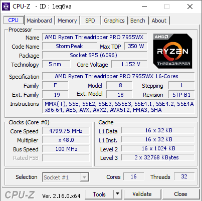 screenshot of CPU-Z validation for Dump [1eq6va] - Submitted by  TR2A  - 2025-09-16 19:13:09