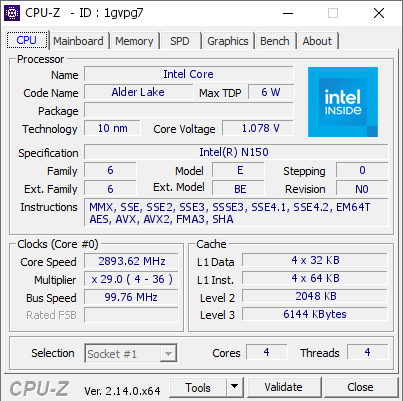 screenshot of CPU-Z validation for Dump [1gvpg7] - Submitted by  NUCBOXG3_PLUS  - 2025-02-22 11:39:28