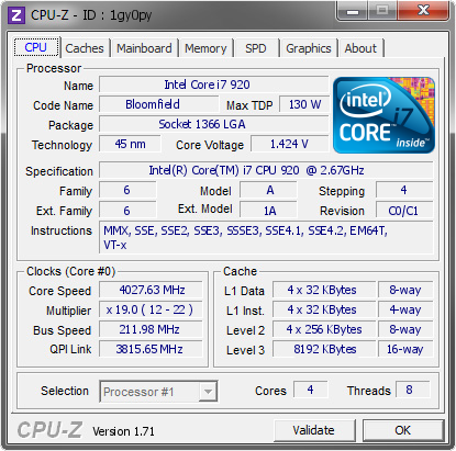 screenshot of CPU-Z validation for Dump [1gy0py] - Submitted by  weespid  - 2014-10-17 00:10:51