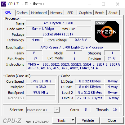 screenshot of CPU-Z validation for Dump [1kqtau] - Submitted by  Ming Ryzen 1700  - 2017-03-29 17:18:16