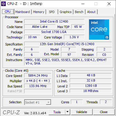 screenshot of CPU-Z validation for Dump [1m5snp] - Submitted by  SilvaGi  - 2023-01-06 23:17:55