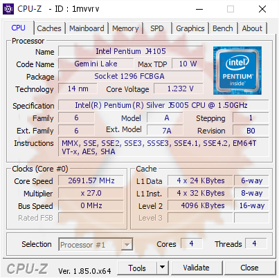screenshot of CPU-Z validation for Dump [1mvvrv] - Submitted by  J5005 NAS  - 2018-06-25 22:20:31