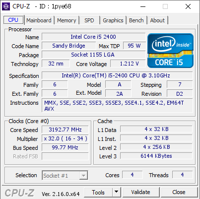 screenshot of CPU-Z validation for Dump [1pye68] - Submitted by  Anonymous  - 2025-07-07 15:07:35