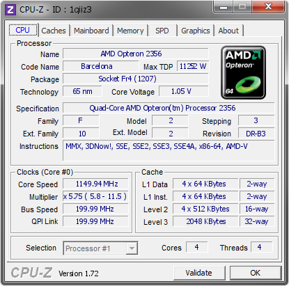 AMD Opteron 2356 1149.94 MHz CPU Z VALIDATOR