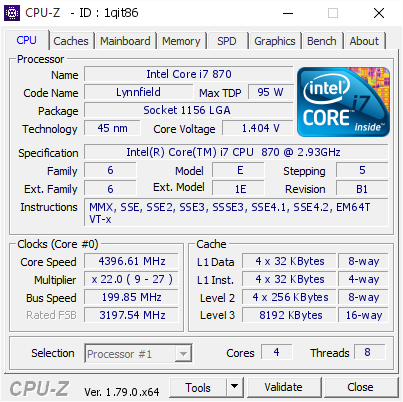 Intel Core i7 870 @ 4396.61 MHz - CPU-Z VALIDATOR