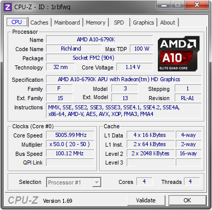 screenshot of CPU-Z validation for Dump [1rbfwq] - Submitted by  RizeAllard  - 2014-04-18 17:04:43