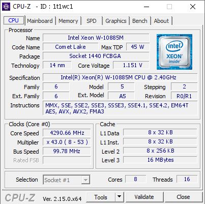 screenshot of CPU-Z validation for Dump [1t1wc1] - Submitted by  Anonymous  - 2025-06-14 16:51:33