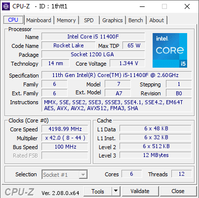 Intel Core i5 11400F @ 3600 MHz - CPU-Z VALIDATOR